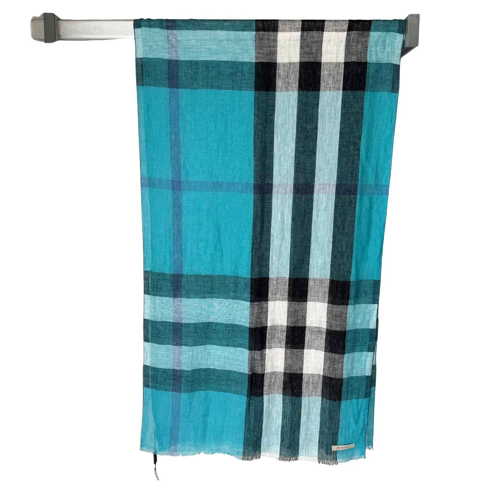 Burberry Linen Scarf Blue Check - Image 8