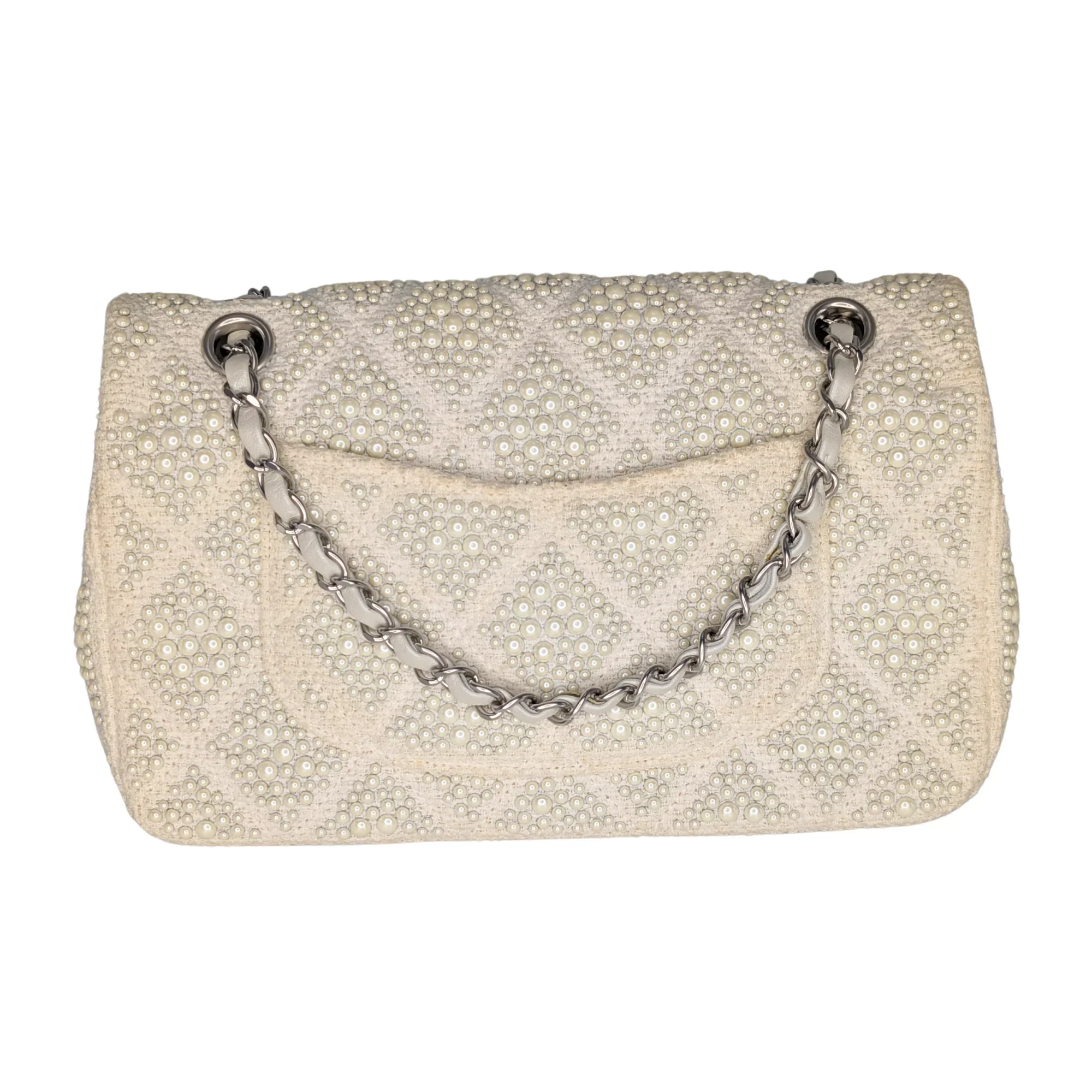 Chanel Classic Flap Pearl Embellished Shoulder Bag White - Image 2