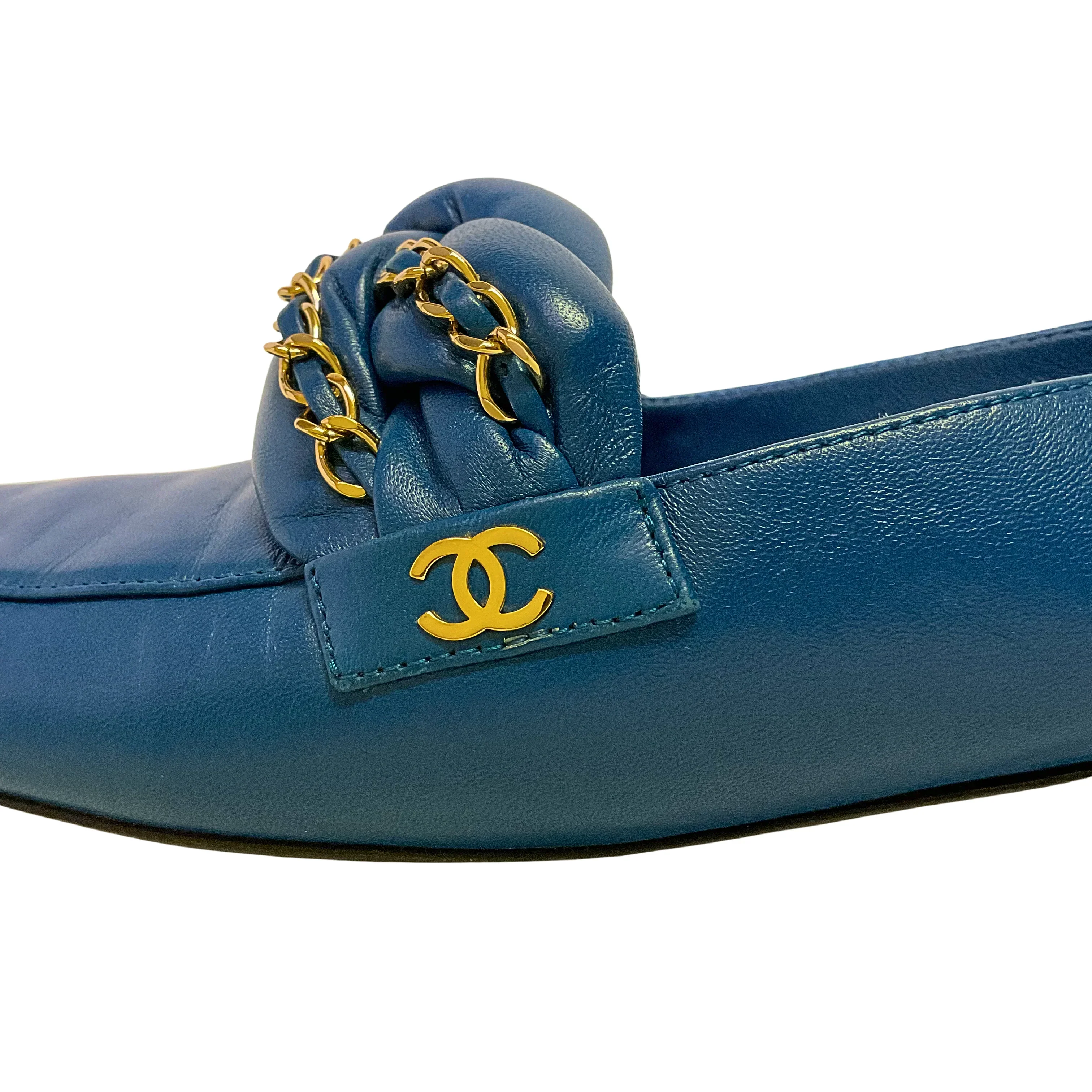 Chanel Braided Interlocking CC Loafers Blue Flats Size 38 - Image 9