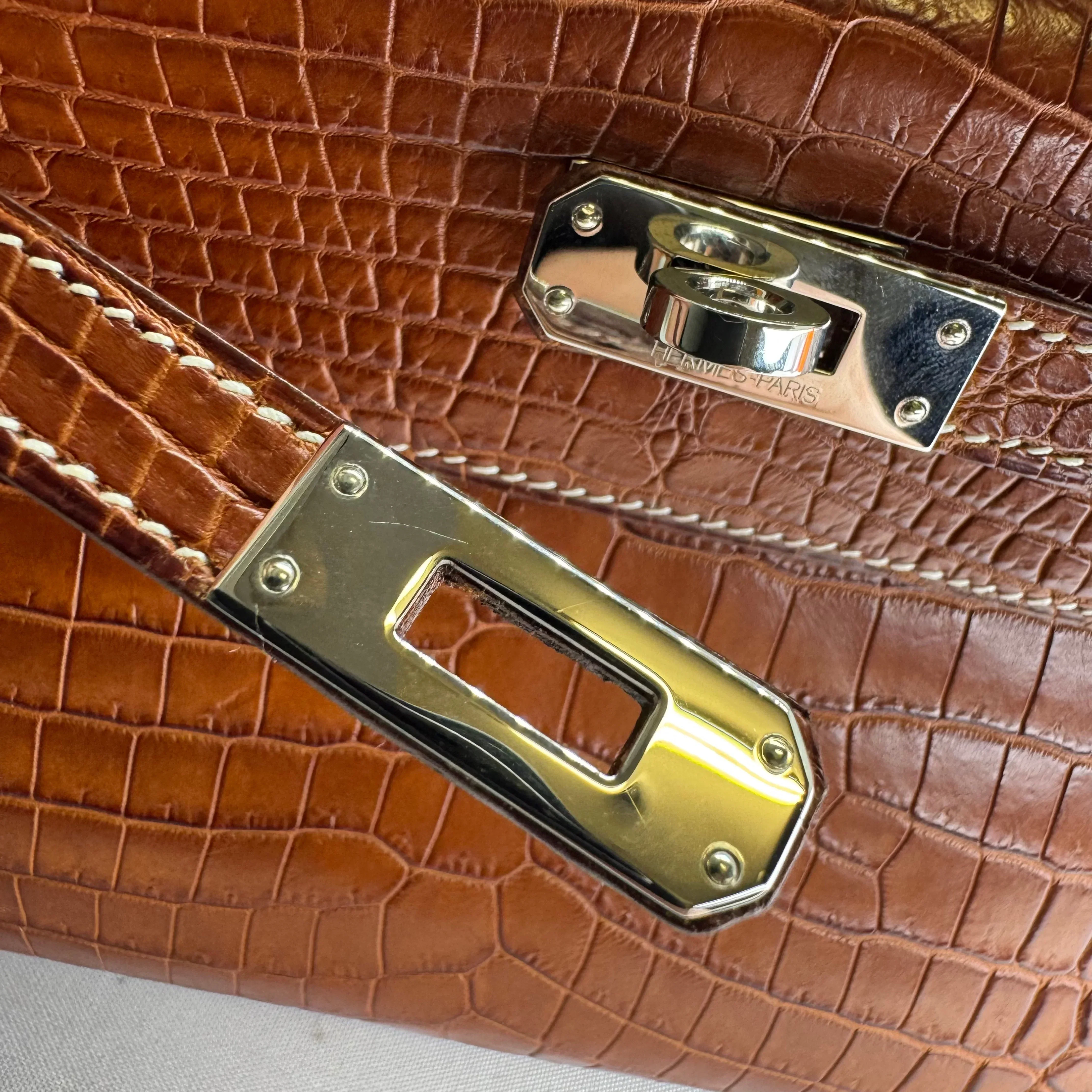Hermes Kelly Pochette Fauve Niloticus Crocodile PHW □ J Stamp - Image 14