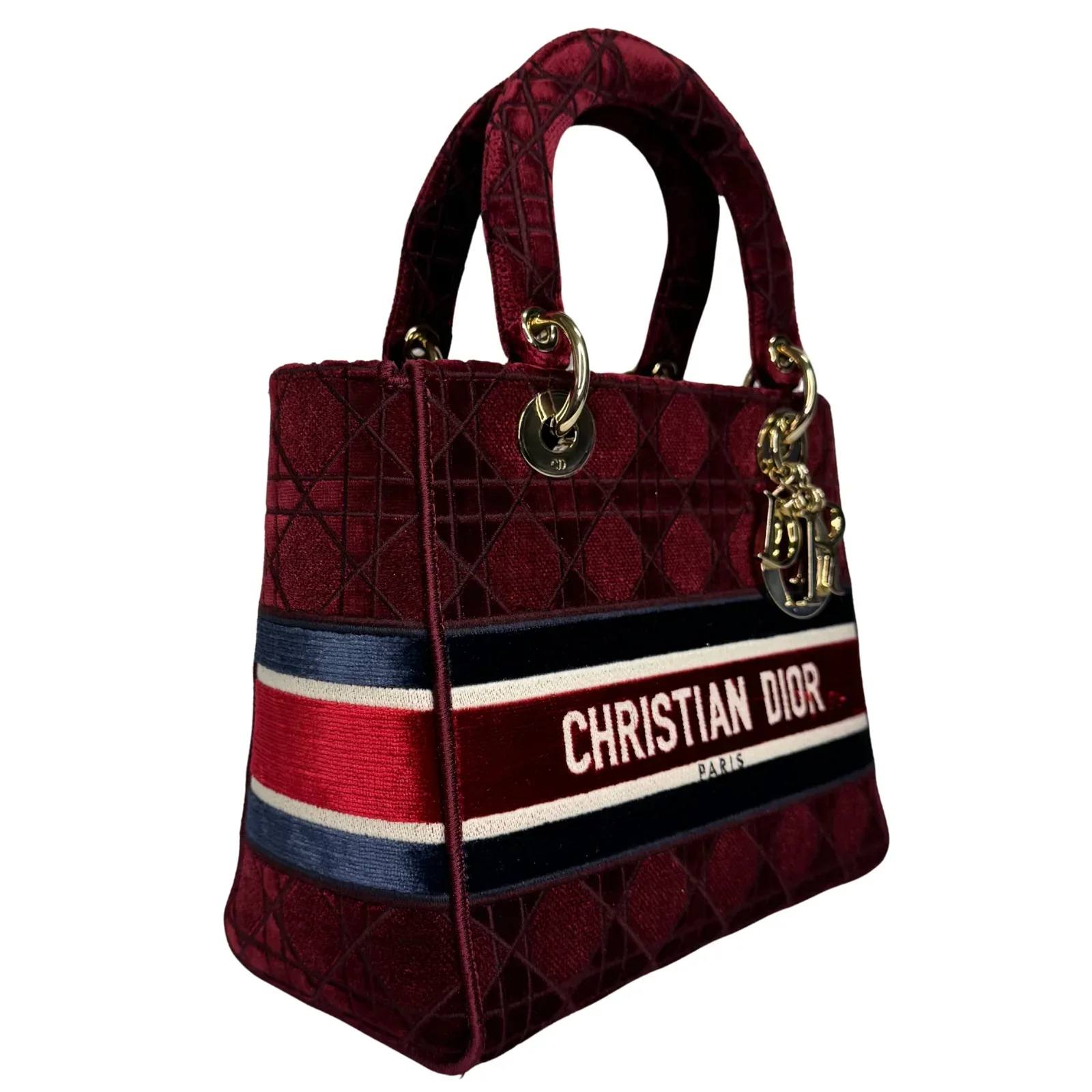 Christian Dior Velvet Cannage Medium Lady D-Lite Bag Burguandy - Image 7