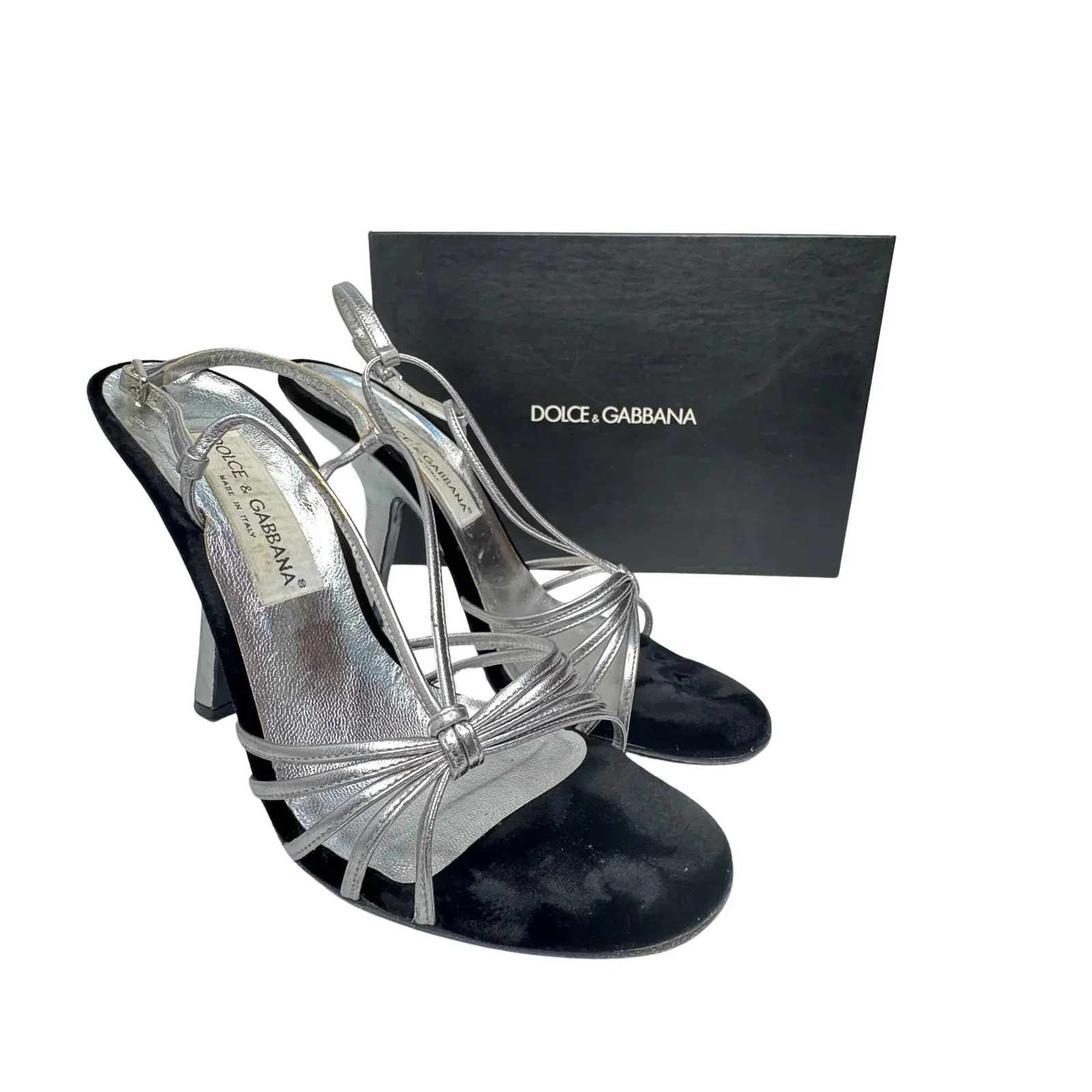 DOLCE & GABBANA Silver Metallic & Black Velvet Strappy Heels - Size 39.5 - Image 3